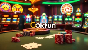 Experience the thrill of Okfun with a luxurious casino setting filled with vibrant games and exciting betting elements.