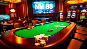 Excited gamblers engaging at an MM 88 poker table filled with chips and cards.