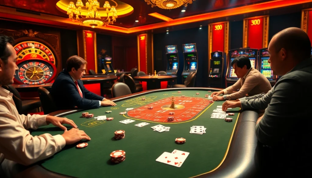 Players experiencing excitement at nhà cái jbo poker table with glamorous casino elements.