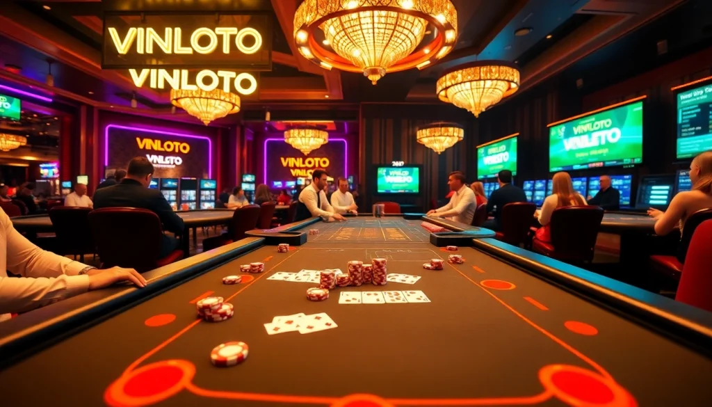 Players are enjoying their bets at VNLOTO's vibrant online casino table with cards and chips.