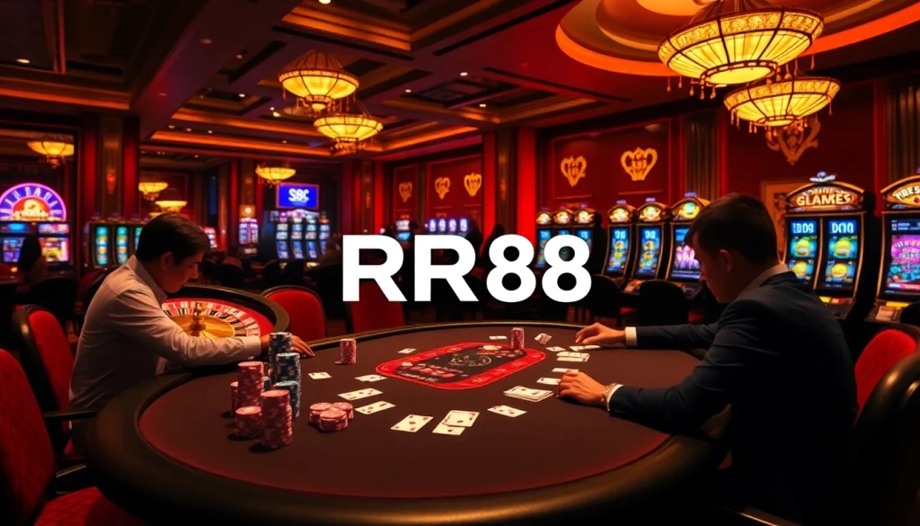 Exciting RR88 casino scene showcasing poker tables, roulette wheel, and slot machines in vibrant lighting.