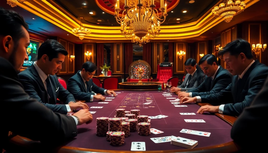 Exciting casino scene showcasing professional gamblers at a poker table, highlighting nhà cái uy tín.