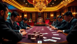 Exciting casino scene showcasing professional gamblers at a poker table, highlighting nhà cái uy tín.