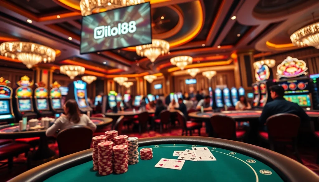 Hello88 vibrantly illustrated casino scene with players engaging at poker tables and roulette wheels.