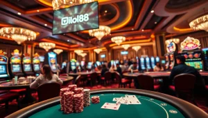 Hello88 vibrantly illustrated casino scene with players engaging at poker tables and roulette wheels.