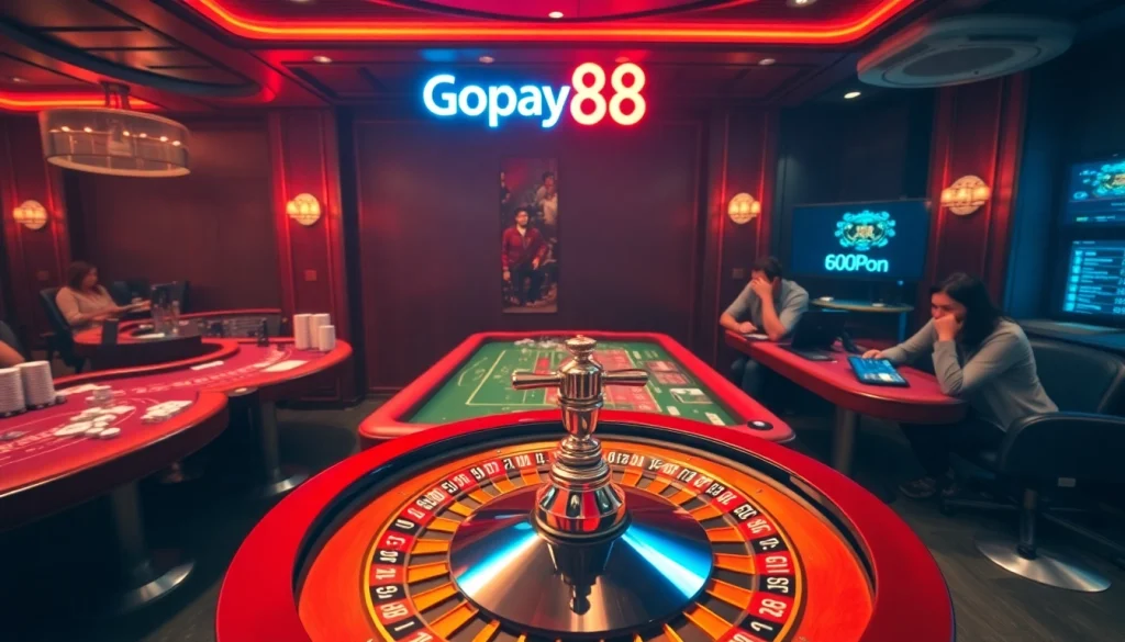Experience the excitement of Gopay88 casino tables filled with chips and vibrant roulette wheels.