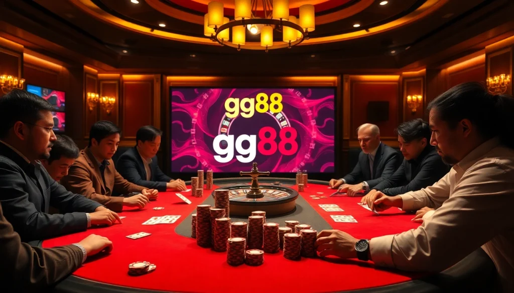 Engaged players at a luxurious gg88 poker table with high-stakes chips and cards.