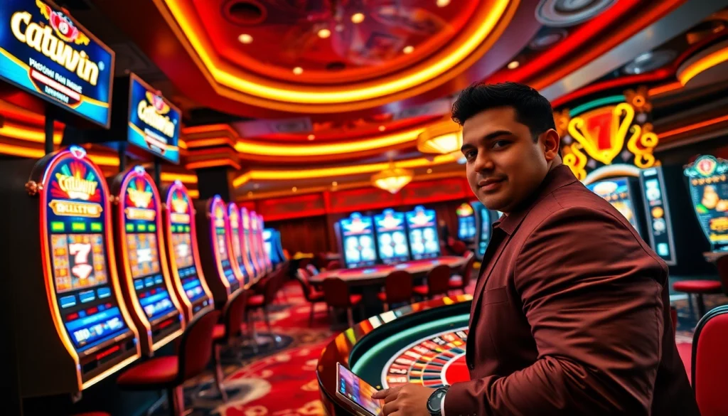 Berinteraksi dengan layar permainan 'datukwin' di tengah kegembiraan kasino yang meriah.