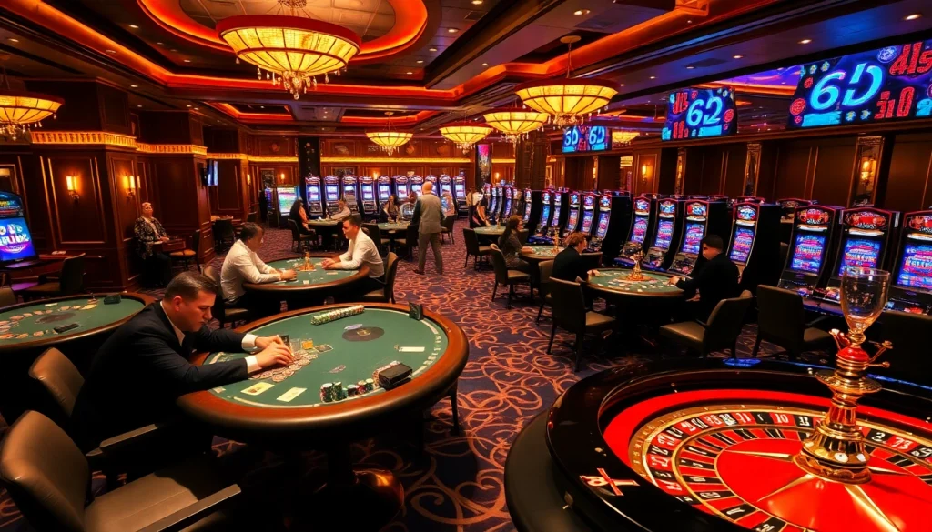 Players enjoying exciting games at the B52 club casino with vibrant tables and slot machines.