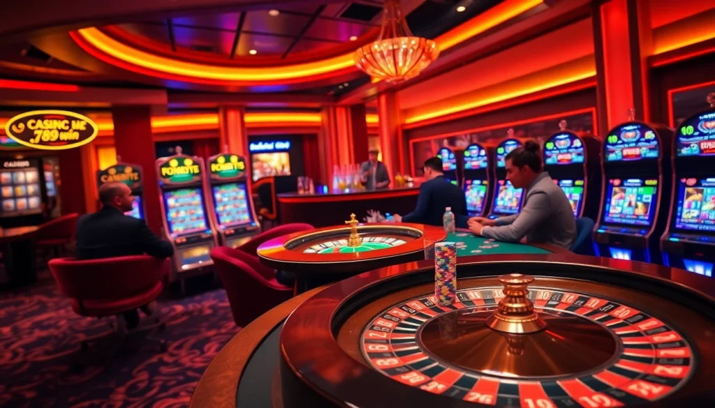 Engaging gamblers at the luxurious 789 win casino table with roulette wheel and poker chips.