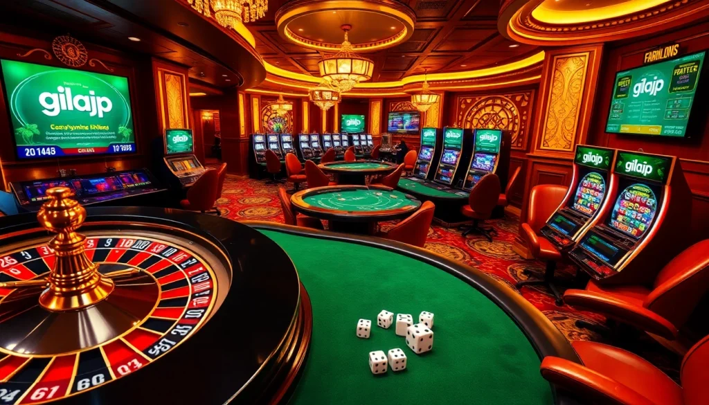 Gambling excitement at a luxurious casino featuring elements like roulette, poker tables, and the keyword gilajp.