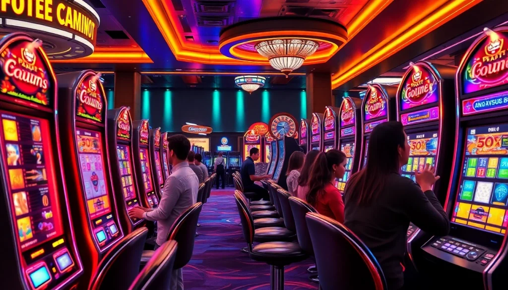 Players enjoying the thrill of gaming at qqmacan's luxurious slot machines in an upscale casino.