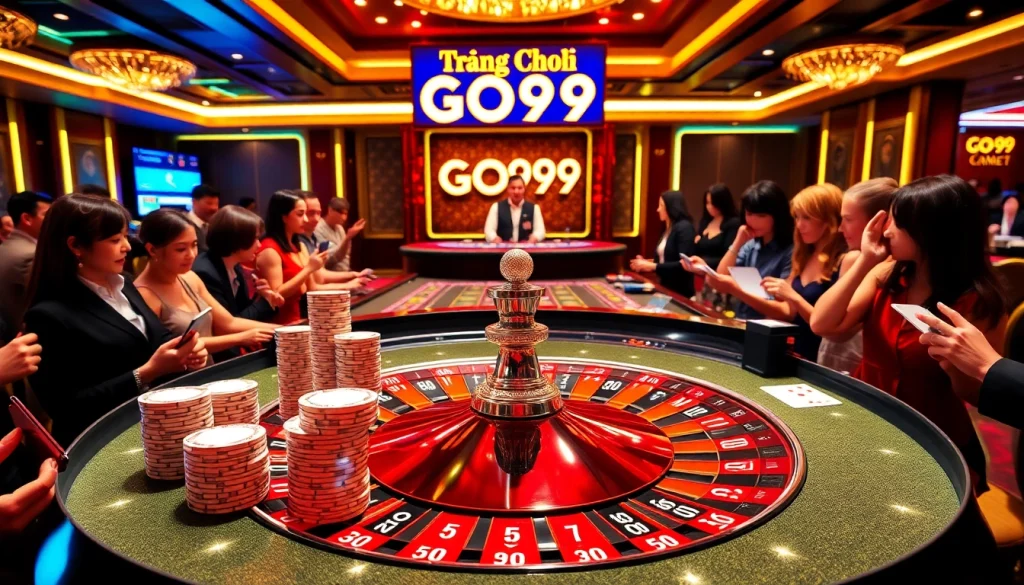 Experience the excitement of gambling at trang chủ go99 with a vibrant casino scene featuring roulette and baccarat.