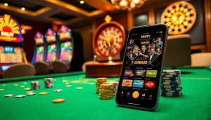 Experience high-stakes gaming at bk8th with a luxurious casino backdrop featuring a betting table, poker chips, and slot machines.