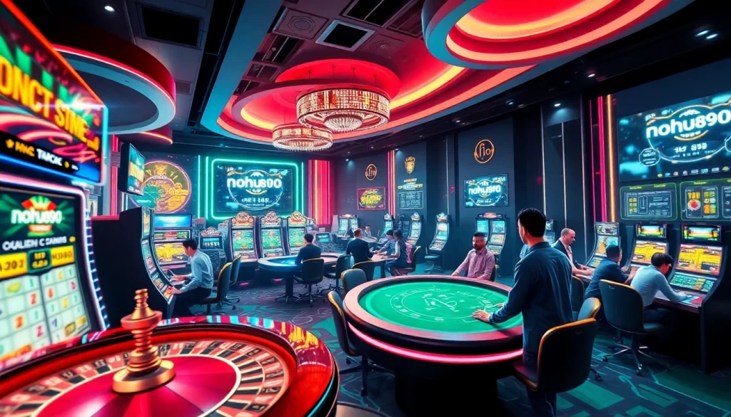 Nohu90 đăng nhập showcased in a vibrant casino scene with engaging slot machines and poker tables.