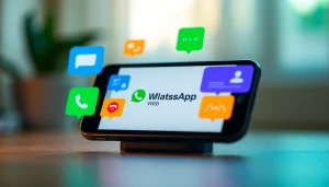 WhatsApp Web 界面演示，突出快连官网的消息发送与语音通话等功能。