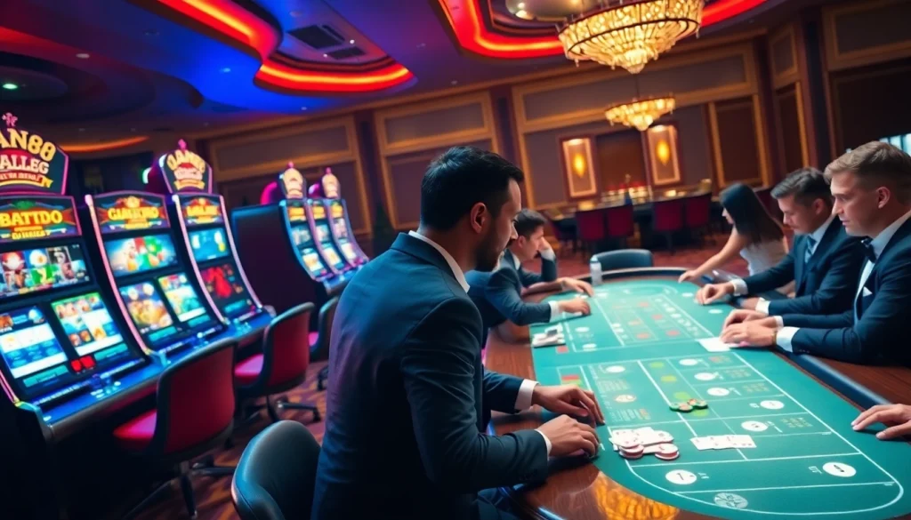 Engaging players at Man88 casino with thrilling slots and poker action in a luxurious setting.