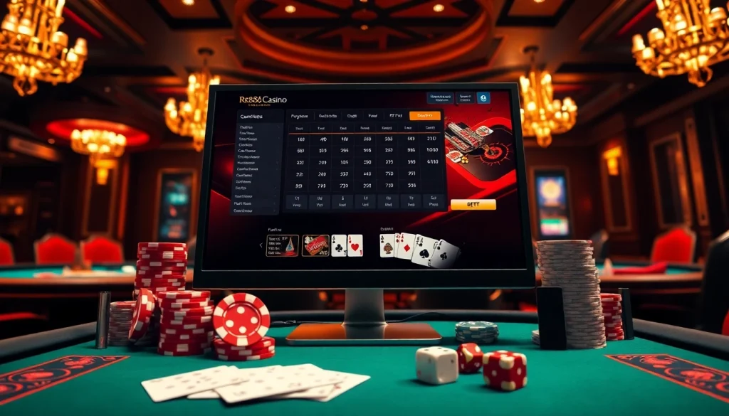 Betting exhilaration at https://rr88c.pro/ with poker chips, cards, and an online gambling setup.