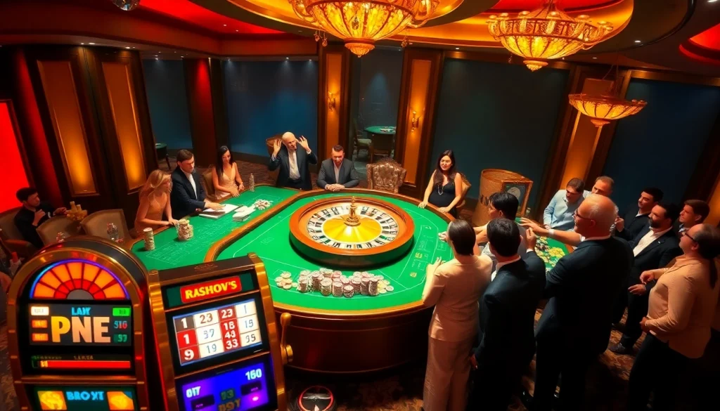 Experience the excitement of gambling at https://fly88-vi.com/ with vibrant casino scenes featuring roulette and slot machines.