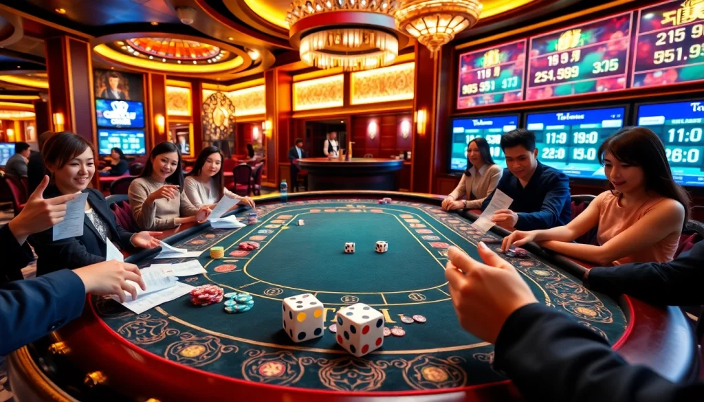 Exciting Tai Xiu online gameplay at a vibrant casino table with players betting.