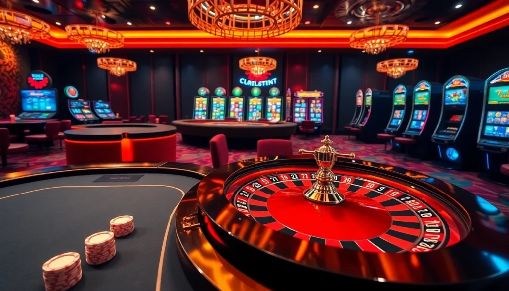 A vibrant online gambling scene showcasing the excitement of games at https://789club.quest/ with poker chips and a roulette wheel.