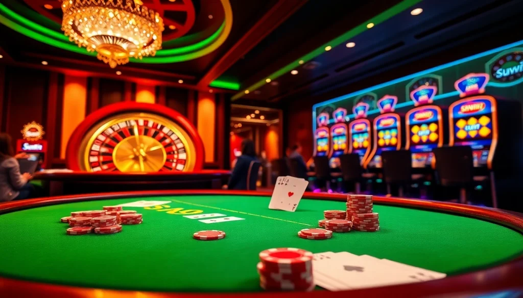 sunwin players enjoying a thrilling time at an upscale casino with poker, roulette, and slot machines