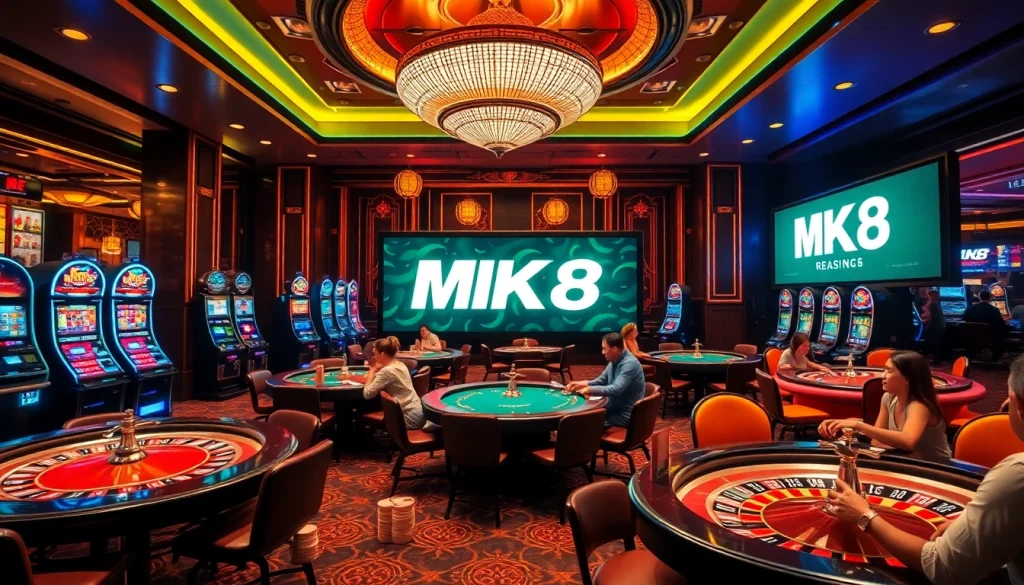 Experience the excitement of MK8 เครดิตฟรี in a vibrant casino with players at poker tables and spinning roulette.