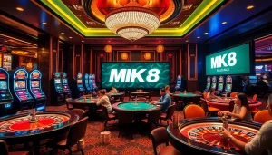 Experience the excitement of MK8 เครดิตฟรี in a vibrant casino with players at poker tables and spinning roulette.