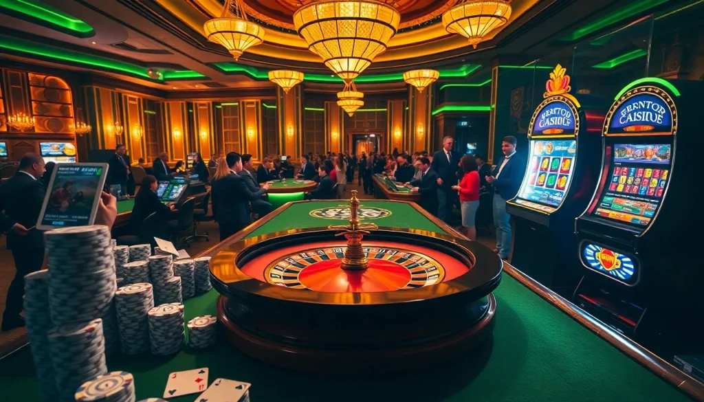 Players enjoying a vibrant casino night experience at https://nh8833.com/ with roulette and poker action.