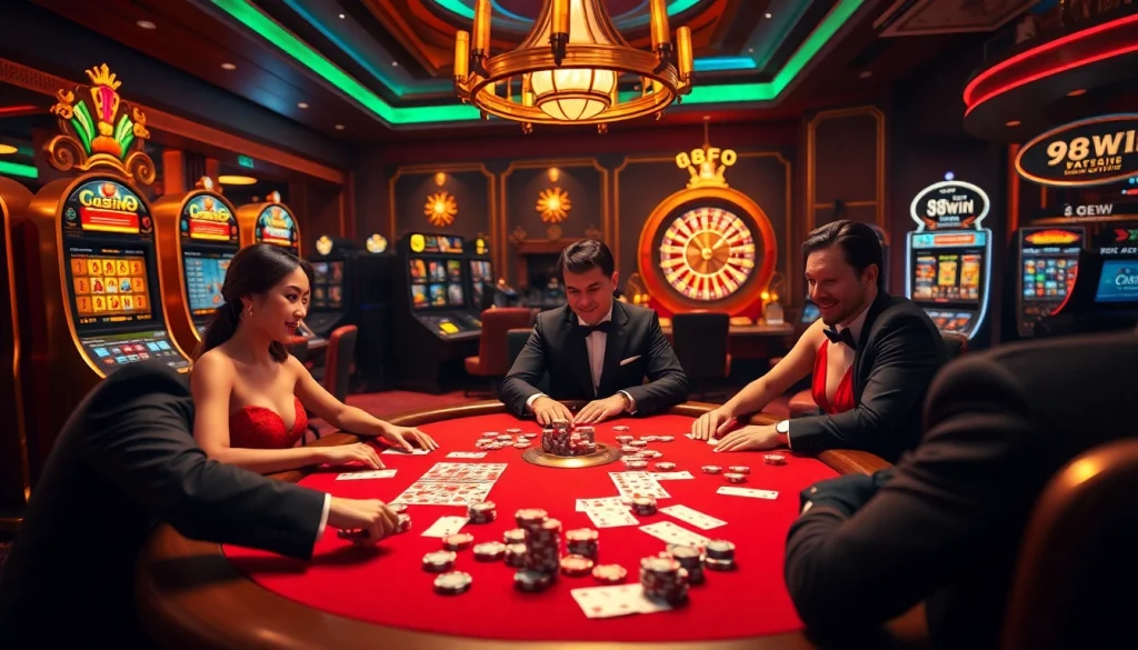 Players enjoying a thrilling poker game at 98win casino, surrounded by vibrant slot machines.