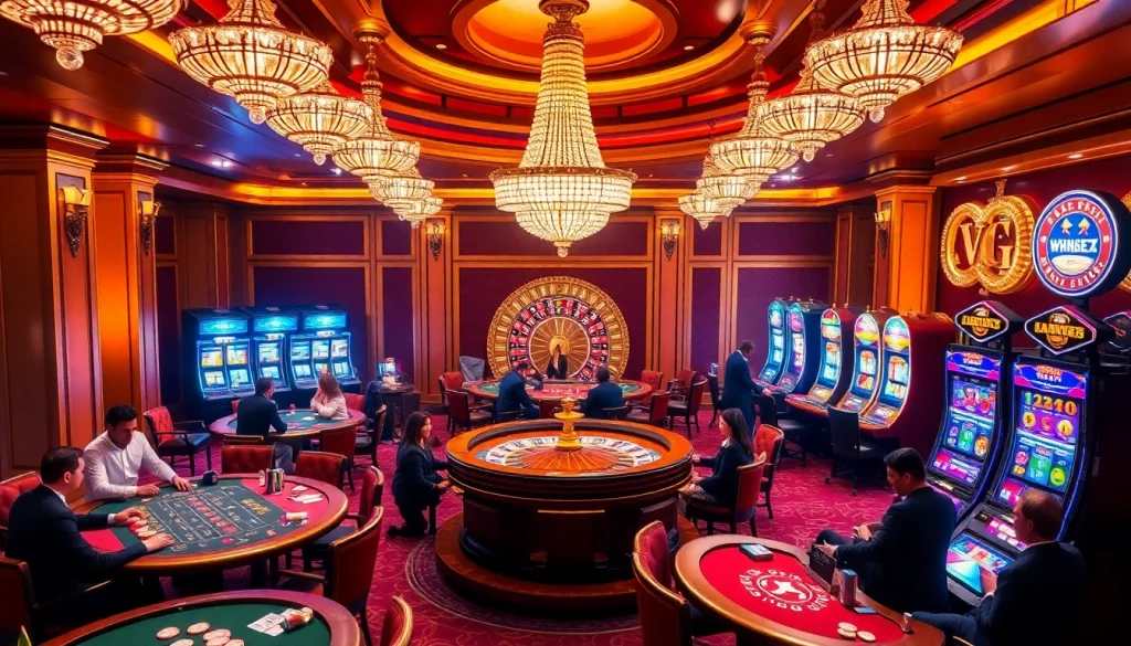 Players enjoying exciting games at https://thabet.vegas/, featuring poker and roulette tables in a luxurious setting.