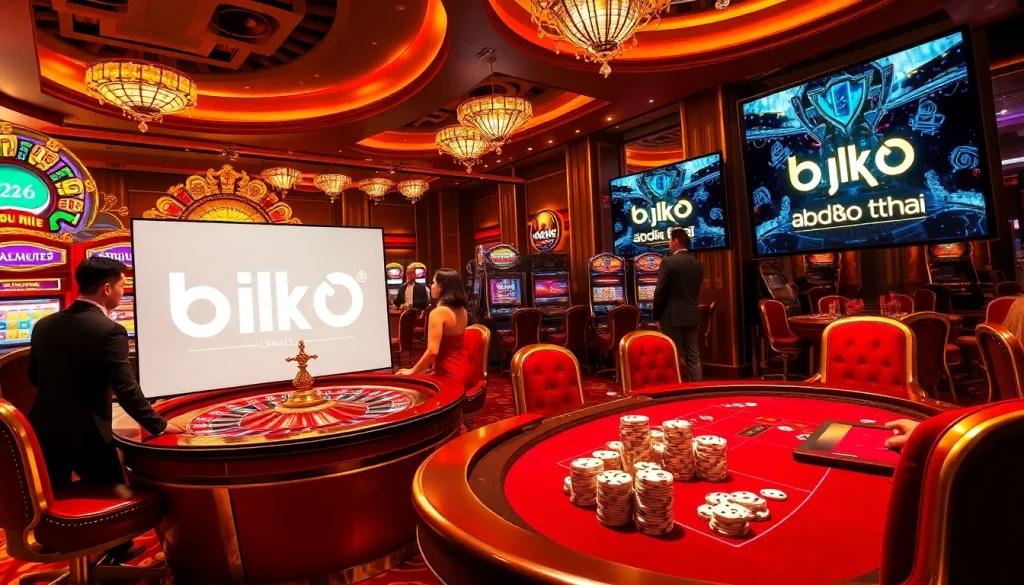 Engaging scene at a glamorous casino highlighting bk8thai with vibrant tables and eager players.
