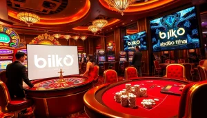Engaging scene at a glamorous casino highlighting bk8thai with vibrant tables and eager players.