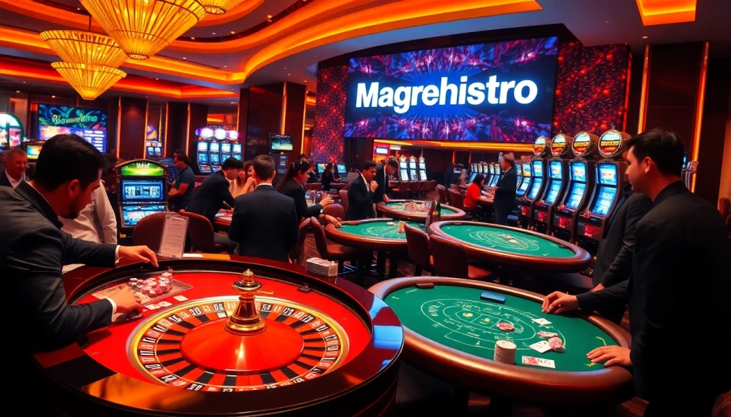 Gambling enthusiasts register at a vibrant casino featuring an exciting roulette table and lively atmosphere, Magrehistro showcased.