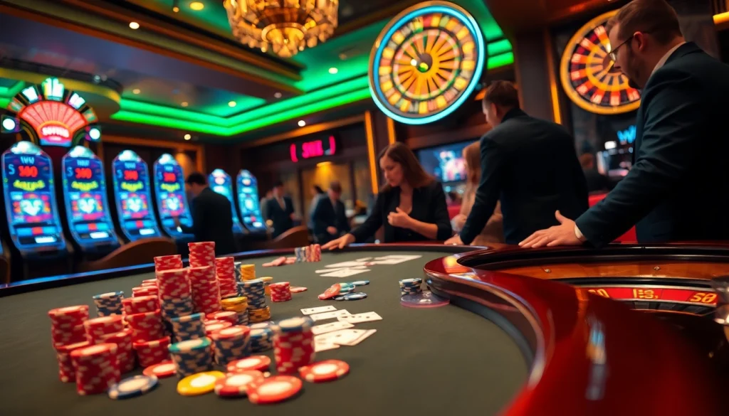 Bettors enjoying an exciting game at bk8th casino table with vibrant chips and cards.