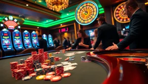 Bettors enjoying an exciting game at bk8th casino table with vibrant chips and cards.