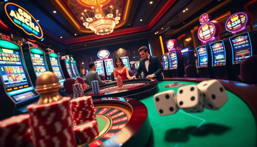 Experience the thrill of gambling at Man88 with a lively casino scene featuring roulette and slots.