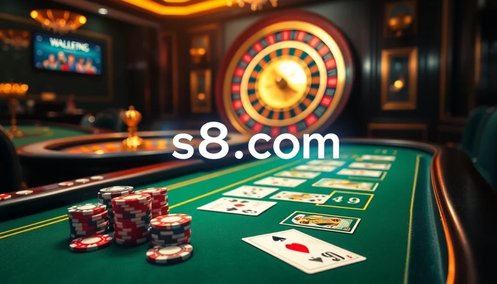 Engage with thrilling online gambling at s8 com with vibrant poker cards and roulette wheels.