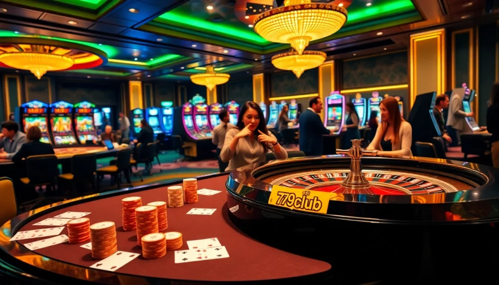 Experience the excitement at 789club with players engaged in poker and slots at a glamorous casino.