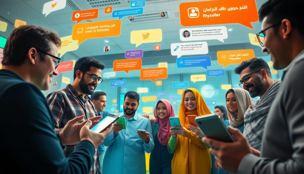 محادثات عبر الإنترنت جذابة في شات الرياض، يشارك فيها مستخدمون من خلفيات متنوعة يتفاعلون على أجهزة المحمول.