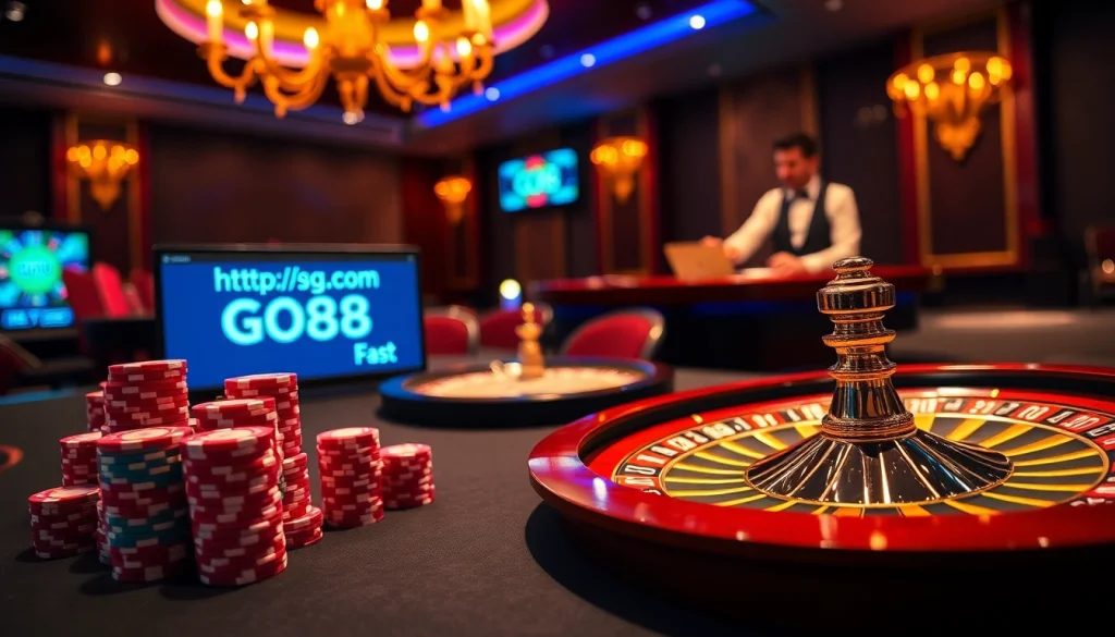 Experience the excitement of betting at https://go88.fast/ with vibrant casino visuals featuring poker chips and roulette.