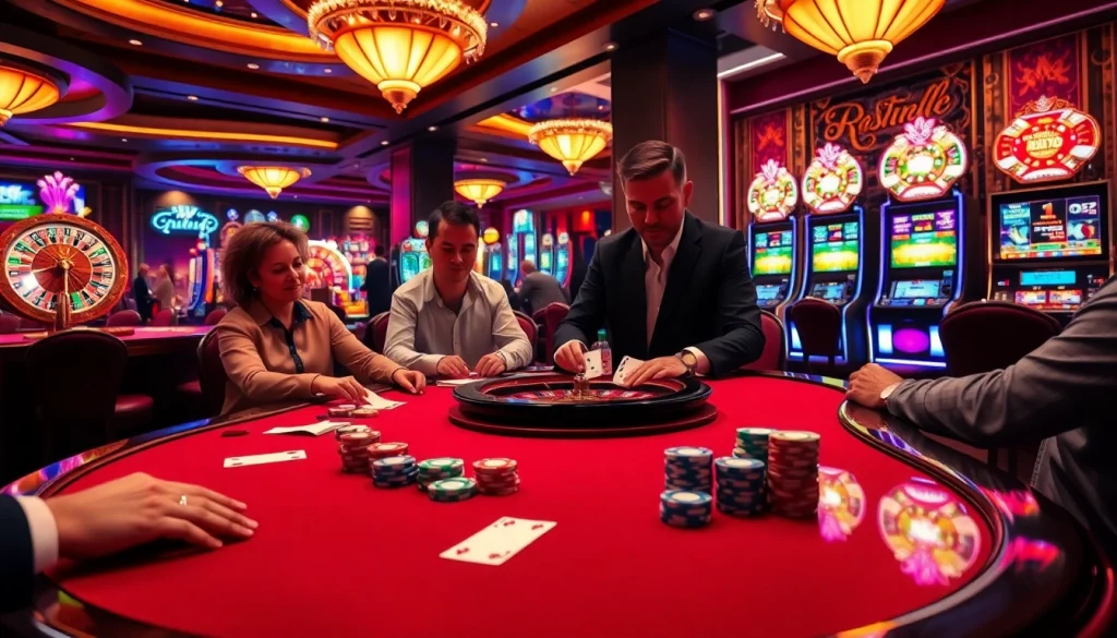 The gaming atmosphere of https://1haywin.us.com/ captured vividly with poker tables, roulette wheels, and flashing slot machines.