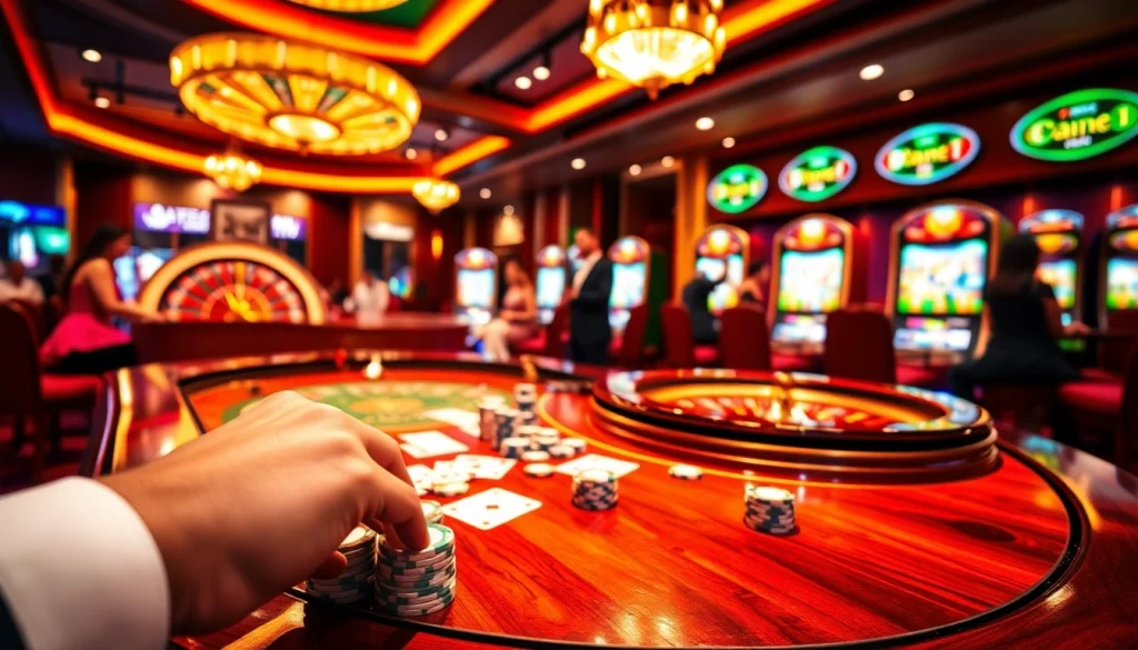 Casino gamblers placing bets at https://mm88.directory/ poker table, featuring vibrant slot machines and roulette wheel.
