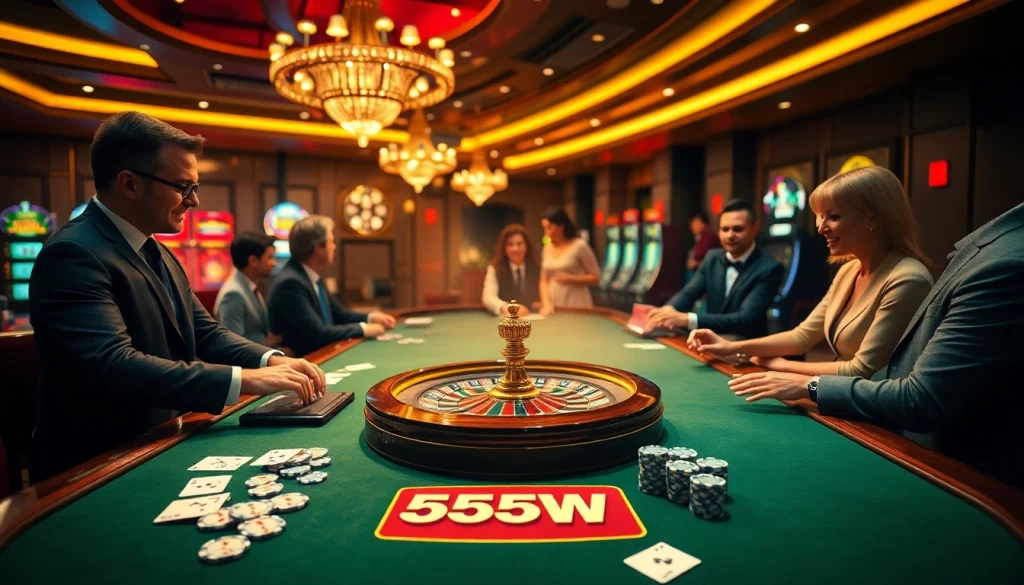 Experience the excitement of winning at 555win casino with vibrant gaming tables and warm lighting.