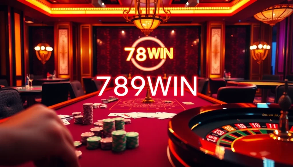 Join the excitement at 789WIN with vibrant casino games featuring elegant cards, chips, and a roulette wheel.