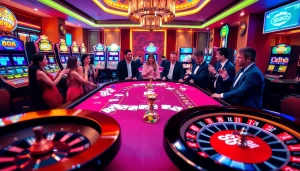 Casino players engage in an exciting blackjack game at 88i, surrounded by vibrant slot machines.