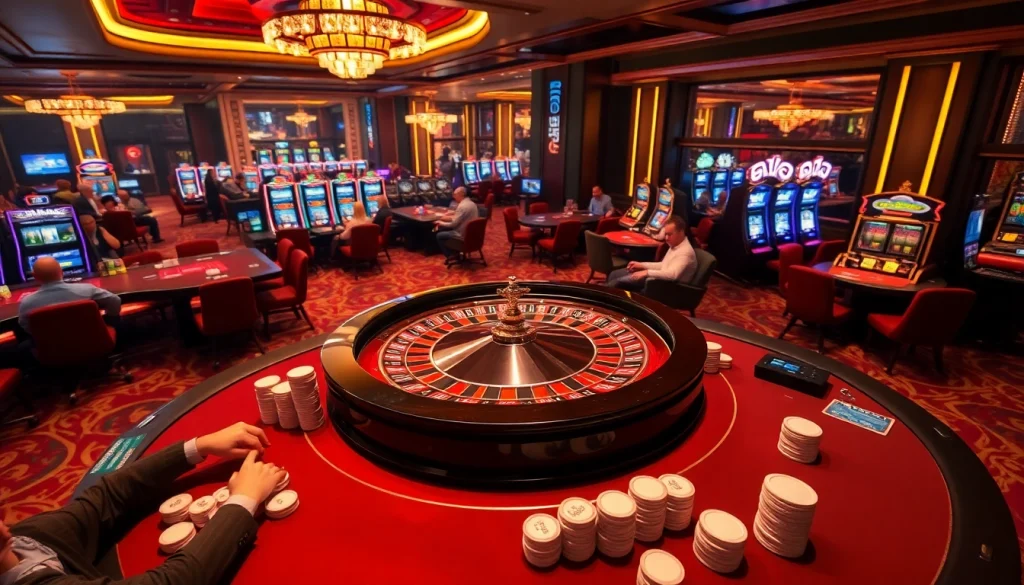 Players engaging at a vibrant casino scene featuring VT 88's luxurious roulette wheel and poker tables.