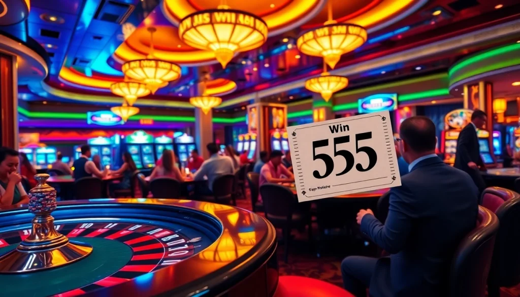 Winning excitement in a casino featuring tables and bets related to win 55.