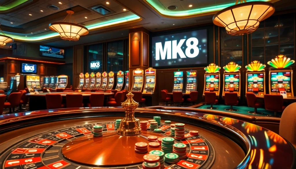 Engaging MK8 casino scene with roulette, poker tables, and vibrant slot machines.