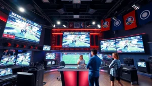 Sports Broadcasting studio with hosts engaging and screens showcasing live events.